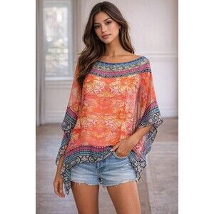 CHARLIE PAIGE Sheer Beaded Poncho Blouse Boho OS GUC